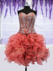 Low Price Four Piece Coral Red Lace Up Quinceanera Dresses Beading and Ruffles Sleeveless Floor Length