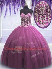 Simple Sleeveless Tulle Floor Length Lace Up Quinceanera Gown in Lilac with Beading