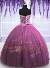 Simple Sleeveless Tulle Floor Length Lace Up Quinceanera Gown in Lilac with Beading