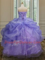 Sweet Sleeveless Organza Floor Length Lace Up Sweet 16 Dress in Lavender with Embroidery and Pick Ups
