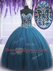 Pretty Sleeveless Tulle Floor Length Lace Up Quinceanera Gown in Teal with Beading and Appliques