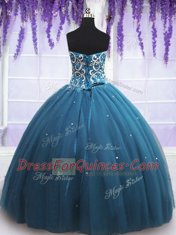 Pretty Sleeveless Tulle Floor Length Lace Up Quinceanera Gown in Teal with Beading and Appliques