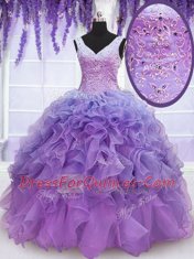 Organza Sleeveless Floor Length Quinceanera Dress and Beading and Embroidery and Ruffles