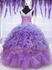 Organza Sleeveless Floor Length Quinceanera Dress and Beading and Embroidery and Ruffles