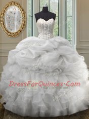 Luxurious Floor Length Lace Up Sweet 16 Quinceanera Dress White for Military Ball and Sweet 16 and Quinceanera with Beading and Ruffles and Pick Ups