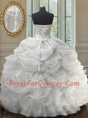 Luxurious Floor Length Lace Up Sweet 16 Quinceanera Dress White for Military Ball and Sweet 16 and Quinceanera with Beading and Ruffles and Pick Ups