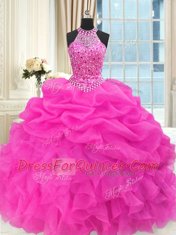 Shining Hot Pink Ball Gowns High-neck Sleeveless Organza Floor Length Lace Up Beading and Pick Ups Quinceanera Gown