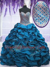 Sexy Blue Ball Gowns Taffeta Sweetheart Sleeveless Beading and Sequins and Pick Ups Floor Length Lace Up Quinceanera Gowns