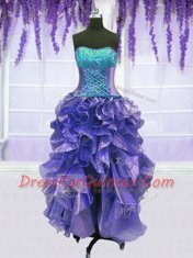Customized Four Piece Floor Length Lace Up Sweet 16 Dress Lavender for Military Ball and Sweet 16 and Quinceanera with Embroidery and Ruffles