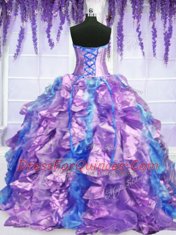 Customized Four Piece Floor Length Lace Up Sweet 16 Dress Lavender for Military Ball and Sweet 16 and Quinceanera with Embroidery and Ruffles