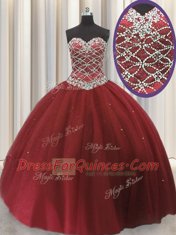 High Class Tulle Sleeveless Floor Length Quinceanera Gown and Beading and Sequins