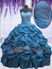 Fashion Teal Lace Up Sweetheart Beading and Appliques and Pick Ups Ball Gown Prom Dress Taffeta Sleeveless