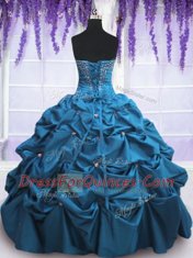 Fashion Teal Lace Up Sweetheart Beading and Appliques and Pick Ups Ball Gown Prom Dress Taffeta Sleeveless