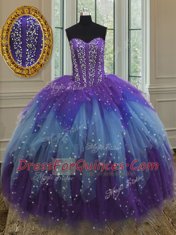 Glorious Sleeveless Lace Up Floor Length Beading and Ruffles and Sequins Quinceanera Dress