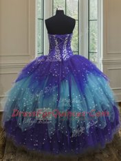 Glorious Sleeveless Lace Up Floor Length Beading and Ruffles and Sequins Quinceanera Dress