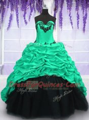 Turquoise Sleeveless With Train Appliques and Ruffles and Pick Ups Lace Up Sweet 16 Quinceanera Dress