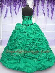 Turquoise Sleeveless With Train Appliques and Ruffles and Pick Ups Lace Up Sweet 16 Quinceanera Dress