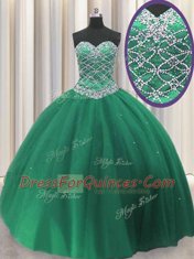 Dark Green Sleeveless Beading and Sequins Floor Length Quinceanera Dress