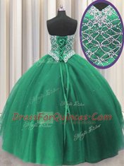 Dark Green Sleeveless Beading and Sequins Floor Length Quinceanera Dress