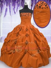 Floor Length Lace Up Quinceanera Gown Orange Red for Military Ball and Sweet 16 and Quinceanera with Embroidery and Pick Ups