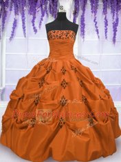 Floor Length Lace Up Quinceanera Gown Orange Red for Military Ball and Sweet 16 and Quinceanera with Embroidery and Pick Ups