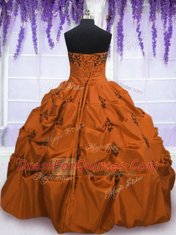 Floor Length Lace Up Quinceanera Gown Orange Red for Military Ball and Sweet 16 and Quinceanera with Embroidery and Pick Ups