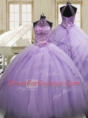 Exceptional Halter Top Lavender Sleeveless Tulle Sweep Train Lace Up Sweet 16 Quinceanera Dress for Military Ball and Sweet 16 and Quinceanera