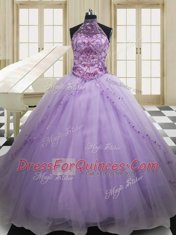 Exceptional Halter Top Lavender Sleeveless Tulle Sweep Train Lace Up Sweet 16 Quinceanera Dress for Military Ball and Sweet 16 and Quinceanera