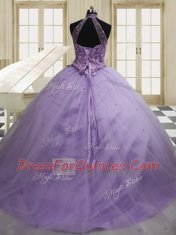 Exceptional Halter Top Lavender Sleeveless Tulle Sweep Train Lace Up Sweet 16 Quinceanera Dress for Military Ball and Sweet 16 and Quinceanera