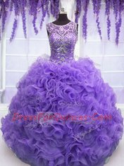 Artistic Scoop Floor Length Lavender Quinceanera Gowns Organza Sleeveless Beading and Ruffles