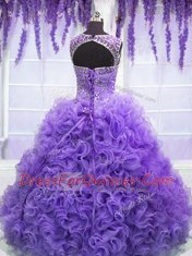 Artistic Scoop Floor Length Lavender Quinceanera Gowns Organza Sleeveless Beading and Ruffles