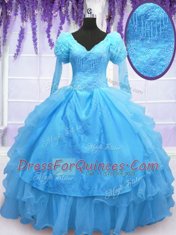 Captivating Baby Blue Lace Up V-neck Beading and Embroidery and Hand Made Flower Quinceanera Dress Organza Long Sleeves