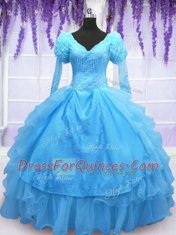 Captivating Baby Blue Lace Up V-neck Beading and Embroidery and Hand Made Flower Quinceanera Dress Organza Long Sleeves