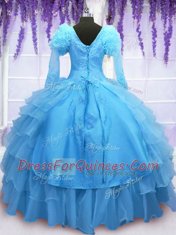 Captivating Baby Blue Lace Up V-neck Beading and Embroidery and Hand Made Flower Quinceanera Dress Organza Long Sleeves