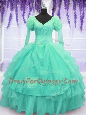 Long Sleeves Lace Up Floor Length Beading and Embroidery and Hand Made Flower Quince Ball Gowns