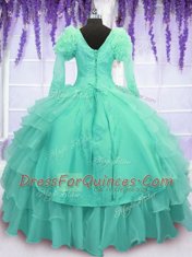 Long Sleeves Lace Up Floor Length Beading and Embroidery and Hand Made Flower Quince Ball Gowns
