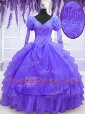 Beading and Embroidery and Hand Made Flower Quinceanera Dresses Purple Lace Up Long Sleeves Floor Length