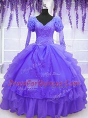Beading and Embroidery and Hand Made Flower Quinceanera Dresses Purple Lace Up Long Sleeves Floor Length