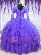 Beading and Embroidery and Hand Made Flower Quinceanera Dresses Purple Lace Up Long Sleeves Floor Length