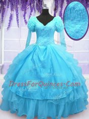 Baby Blue Long Sleeves Organza Lace Up Vestidos de Quinceanera for Military Ball and Sweet 16 and Quinceanera
