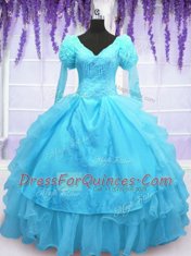 Baby Blue Long Sleeves Organza Lace Up Vestidos de Quinceanera for Military Ball and Sweet 16 and Quinceanera