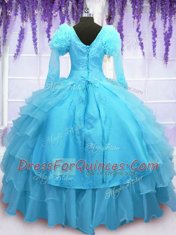 Baby Blue Long Sleeves Organza Lace Up Vestidos de Quinceanera for Military Ball and Sweet 16 and Quinceanera