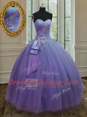 High Quality Lavender Sleeveless Beading and Ruching and Bowknot Floor Length Ball Gown Prom Dress