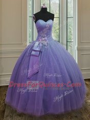 High Quality Lavender Sleeveless Beading and Ruching and Bowknot Floor Length Ball Gown Prom Dress