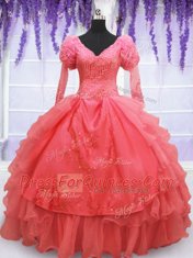 Exquisite Long Sleeves Organza Floor Length Lace Up Quince Ball Gowns in Coral Red with Beading and Embroidery