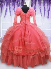 Exquisite Long Sleeves Organza Floor Length Lace Up Quince Ball Gowns in Coral Red with Beading and Embroidery