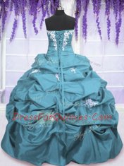 Floor Length Teal 15th Birthday Dress Taffeta Sleeveless Appliques and Pick Ups