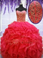 Attractive Coral Red Sleeveless Beading and Ruffles Floor Length Quince Ball Gowns