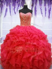 Attractive Coral Red Sleeveless Beading and Ruffles Floor Length Quince Ball Gowns