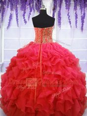 Attractive Coral Red Sleeveless Beading and Ruffles Floor Length Quince Ball Gowns